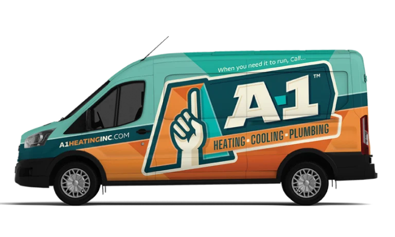 A teal, orange, and blue A-1 van features prominent "A-1 Heating • Cooling • Plumbing" branding and website displayed on the side.