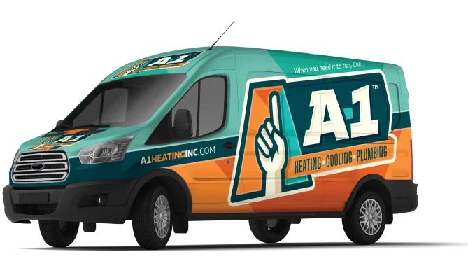 A teal, orange, and white A-1 van featuring the A1 Heating, Cooling, Plumbing logo and contact information on the side and hood.