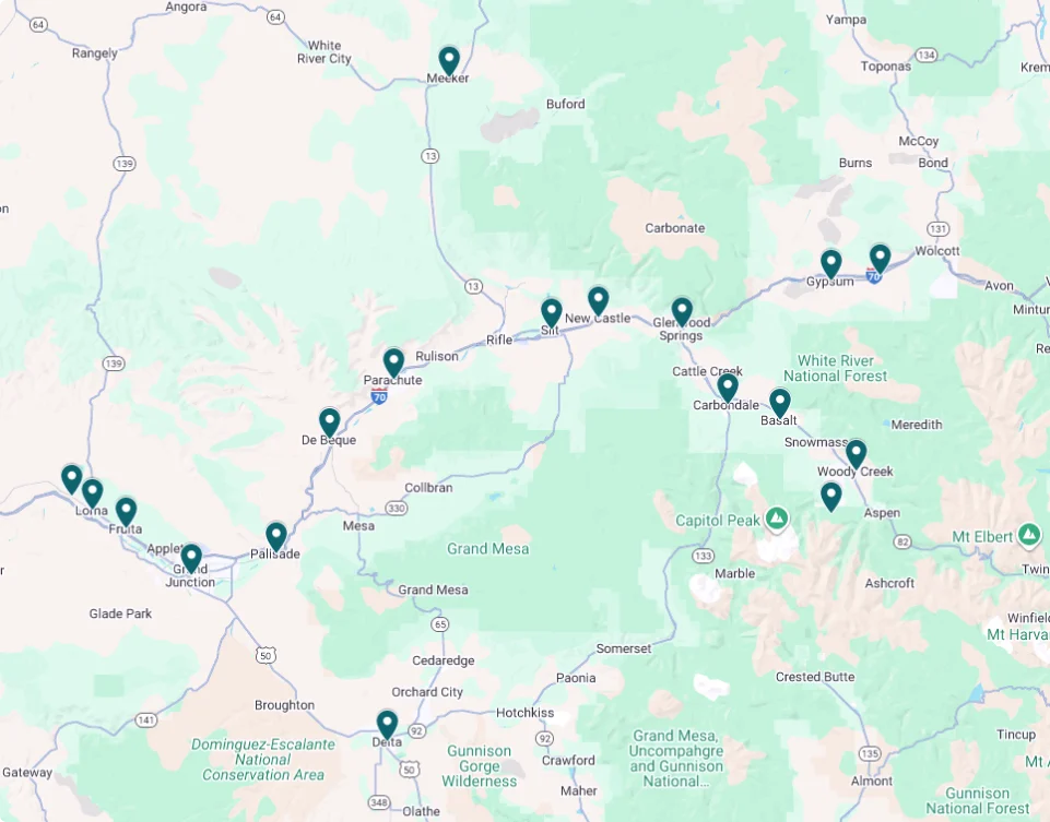 Map displaying A-1 marked locations along Interstate 70 in western Colorado, including towns like Grand Junction, Palisade, Glenwood Springs, and Aspen.