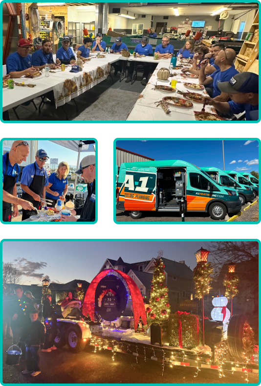A team in blue shirts enjoys a meal together, serves food, stands by branded vans, and joins a holiday parade with a decorated float—showcasing a vibrant workplace for those seeking rewarding careers.