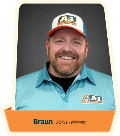 A man wearing an A1-branded cap and shirt smiles at the camera, representing exciting careers at Braun. Text below reads "Braun 2018 - Present.
