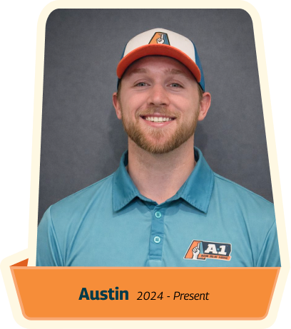 A man wearing a blue A1-branded polo shirt and cap smiles in front of a gray background, representing exciting careers. Text below reads "Austin 2024 - Present.