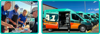 People serve food at an outdoor event next to several branded A-1 Air Conditioning & Heating service vans parked in a row, celebrating team achievements and exciting new careers with A-1.