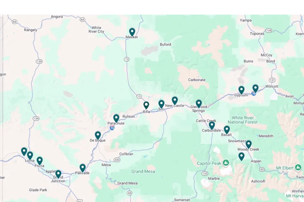 Map of western Colorado with A-1 location pins marking towns and cities along Interstate 70 and surrounding areas, including Rifle, Glenwood Springs, and Aspen.